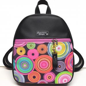 Back Pack M hátizsák - Elegáns fekete csajos mandalákkal textilbőr pántokkal 33x27x10