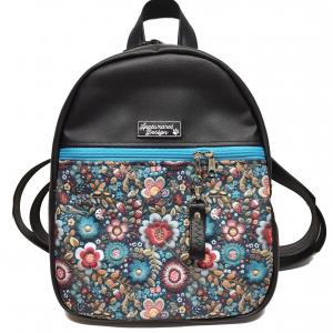 Back Pack M hátizsák - Elegáns fekete folk virágokkal kis türkízzel textilbőr pántokkal 33x27x10