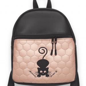 Back Pack M hátizsák - Hímzett cicás, fekete-rose, textilbőr pántokkal 33x27x10