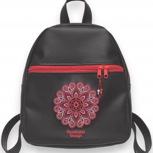 Back Pack M hátizsák - Hímzett mandalás, fekete-piros, textilbőr pántokkal (mandala002) 33x27x10