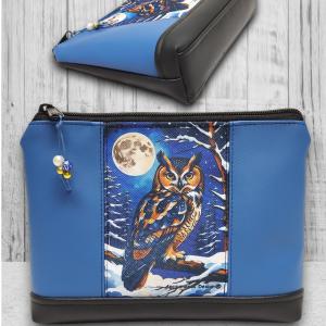 Bagoly 01 - Nagyméretű nyomtatott panellal díszített vízálló talpas textilbőr neszesszer