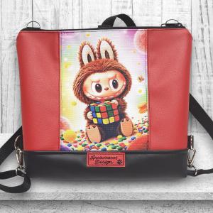 Bella 3in1 hátizsák oldaltáska 28x24cm - LABUBU piros fekete alapon