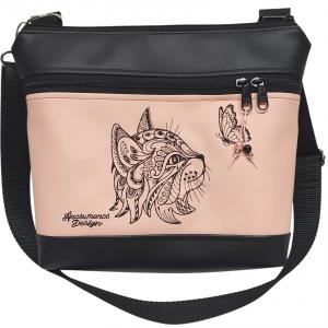 Bella crossbody oldaltáska 28x24cm - Hímzett cica pillangóval fekete-rose