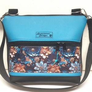 Bella crossbody oldaltáska övtáska 28x24cm - 3D virágok fekete-türkizkék