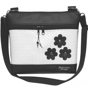 Bella crossbody oldaltáska övtáska 28x24cm - Elegáns fekete fehér applikált virágos