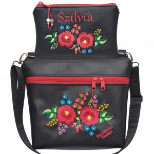 Bella crossbody oldaltáska szett neves pénztárcával 28x24cm - Hímzett Kalocsai virágos Hungarian Folkart07