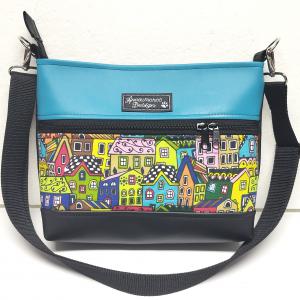 Bella Midi crossbody oldaltáska övtáska 26x21cm - Házikók türkizzel