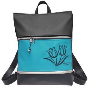 Bőrpántos pakolós hátizsák 4 zsebbel - Hímzett tulipánok türkiz fekete alapon 36x30x8cm