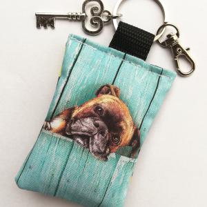 Boxer kutyás textil kulcstartó karikával karabinerrel kulcs fityegővel