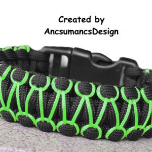 Designer túlélő paracord karkötő  biztonsági csattal COBRA RIDER STITCH Fekete neonzöld (csuklóméret 18-18,5cm)
