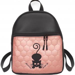 DORINA-L hátizsák - Hímzett cicás, fekete-rose, textilbőr pántokkal 33x27x10