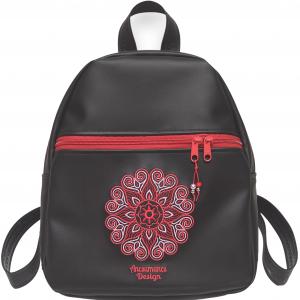 DORINA-L hátizsák - Hímzett mandalás, fekete-piros, textilbőr pántokkal (mandala002) 33x27x10