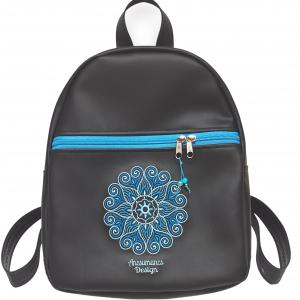 DORINA-L hátizsák - Hímzett mandalás, fekete-türkizkék, textilbőr pántokkal (mandala002) 33x27x10