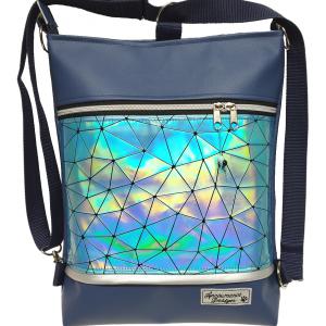 Elegáns 3in1 kék lézerhologramos textilbőr hátizsák univerzális táska tengerészkék alapon