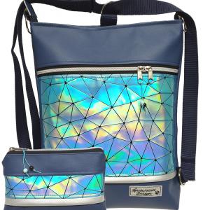Elegáns 3in1 kék lézerhologramos textilbőr szett hátizsák+neszi tengerészkék alapon