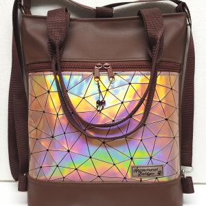 Elegáns 4in1 kakaóbarna lézerhologramos textilbőr hátizsák univerzális táska