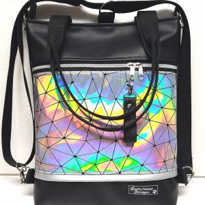Elegáns 4in1 szivárvány lézerhologramos textilbőr hátizsák univerzális táska fekete alap
