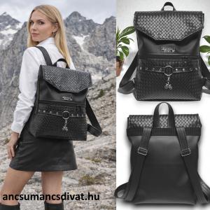 Elegáns szegecselt vadócka - Bőrpántos fedélrészes pakolós Liza hátizsák 4 zsebbel 36x30x8cm