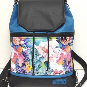 Fedélrészes zsinóros 3in1 hátizsák univerzális táska - Aquarell virágok kék fekete alapon