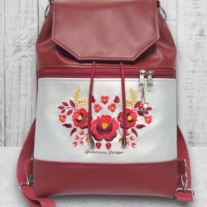 Fedélrészes zsinóros 3in1 hátizsák univerzális táska Burgundy-ezüst - Hímzett Hungarian Folkart12b