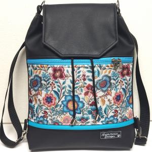 Fedélrészes zsinóros 3in1 hátizsák univerzális táska - Folk virágok türkiz fekete alapon