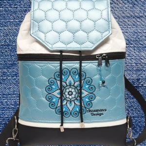 Fedélrészes zsinóros 3in1 hátizsák univerzális táska - Hímzett Mandala002 fekete-fehér-acélkék