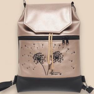 Fedélrészes zsinóros 3in1 hátizsák univerzális táska - Hímzett pitypangok Fekete-gyöngyházpúder