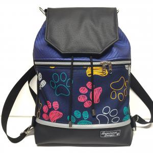 Fedélrészes zsinóros 3in1 hátizsák univerzális táska - Színes tappancsok kék fekete alapon