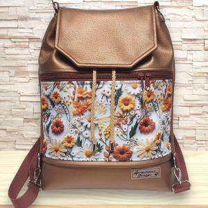 Fedélrészes zsinóros 3in1 hátizsák univerzális táska - Színpompás virágok bronz barna alapon