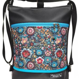 Folk virágok 3in1 textilbőr hátizsák  fekete alap türkíz díszítéssel