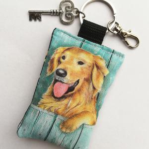 Golden retriever kutyás textil kulcstartó karikával karabinerrel kulcs fityegővel