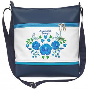 Hímzett 30x30-as pakolós kalocsai virágos válltáska oldaltáska kék-fehér-türkiz HungarianFolkart12