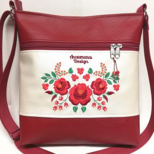 Hímzett 30x30-as pakolós válltáska oldaltáska bordó-pezsgő HungarianFolkart12