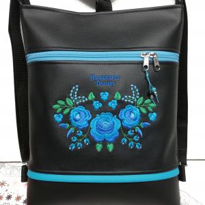 Hímzett 3in1 hátizsák univerzális táska HungarianFolkart12 fekete alap türkíz hímzéssel
