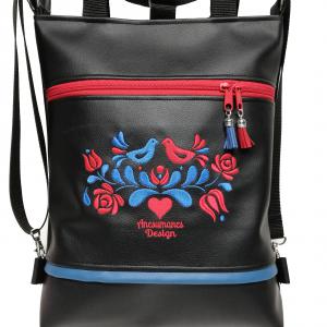 Hímzett 4in1 hátizsák univerzális táska Hungarian Folkart13 fekete alap kék-piros hímzéssel