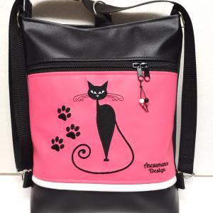 Hímzett cicás tappancsos 3in1 hátizsák univerzális táska fekete-élénk rózsaszín