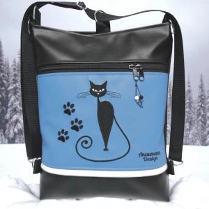 Hímzett cicás tappancsos 3in1 hátizsák univerzális táska fekete-kék