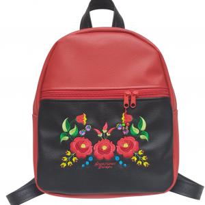 Hímzett DORINA-L hátizsák - Hungarian Folkart 30 - textilbőr pántokkal fekete-piros 33x27x10