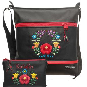 Hímzett kalocsai virágos 30x30-as pakolós táska szett fekete HungarianFolkart05 neves pénztárcával