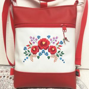 Hímzett kalocsai virágos 3in1 hátizsák univerzális táska piros-fehér Hungarian Folkart08