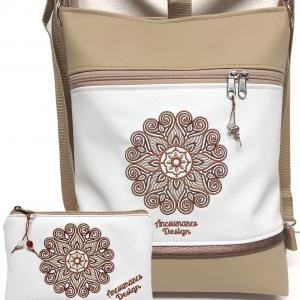 Hímzett mandalás 3in1 hátizsák szett univerzális táska neszivel Drapp-fehér(mandala002)
