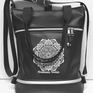 Hímzett mandalás 4in1 hátizsák univerzális táska elegáns fekete-ezüst (mandala001)