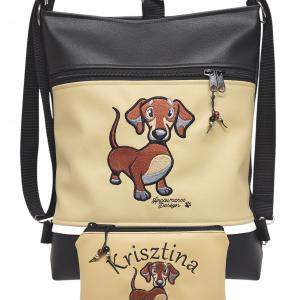 Hímzett tacskó kutyus 3in1 női hátizsák oldaltáska neves pénztárcával drapp-fekete