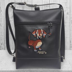 Hímzett tacskó kutyus fekete alapon 3in1 női hátizsák divattáska oldaltáska