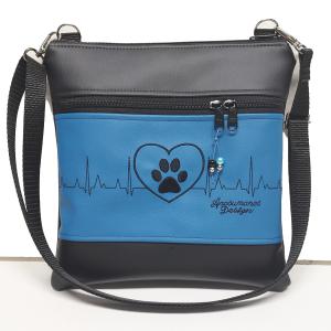 Hímzett textilbőr táska övtáska 25x25 EKG szív tappancs - fekete-kék