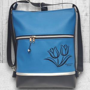Hímzett tulipános 3in1 hátizsák univerzális táska fekete-kék