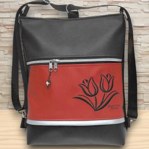 Hímzett tulipános 3in1 hátizsák univerzális táska fekete-piros