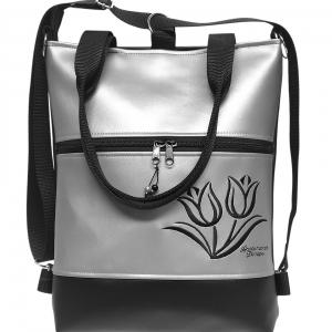 Hímzett tulipános elegáns 4in1 női hátizsák oldaltáska Fekete-ezüst