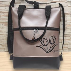 Hímzett tulipános elegáns 4in1 női hátizsák oldaltáska Fekete-púder