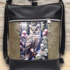 Hóbagoly mintás 3in1 textilbőr hátizsák oldaltáska fekete-platina